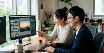 PhotoScapeとPhotoScape Xを比較しながら画像編集する日本人男女
