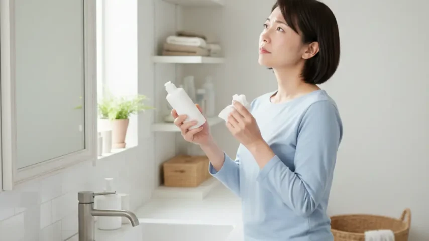 洗面所でローションの捨て方を考えている日本人女性の様子