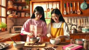 10代の女子高校生2人がキッチンで楽しそうに割れチョコを作っている様子