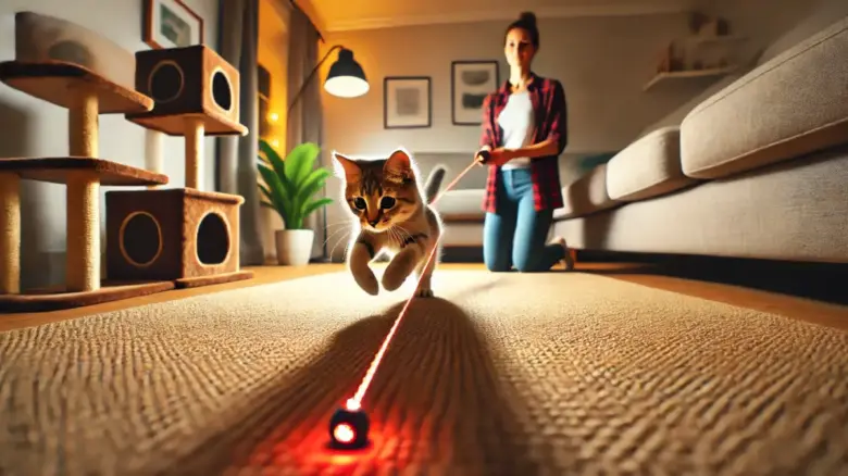 レーザーポインターで遊ぶ猫と飼い主の様子