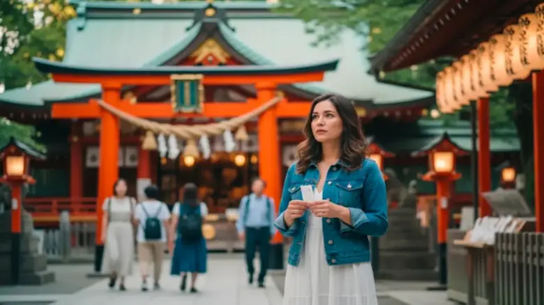 神社でおみくじを引いた後、結婚について考える女性の後ろ姿。