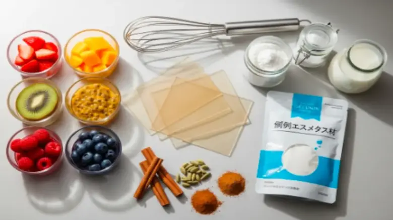 自宅でエスプーマを作るための基本的な材料のイメージ（ゼラチン、フルーツピューレ、スパイスなど）