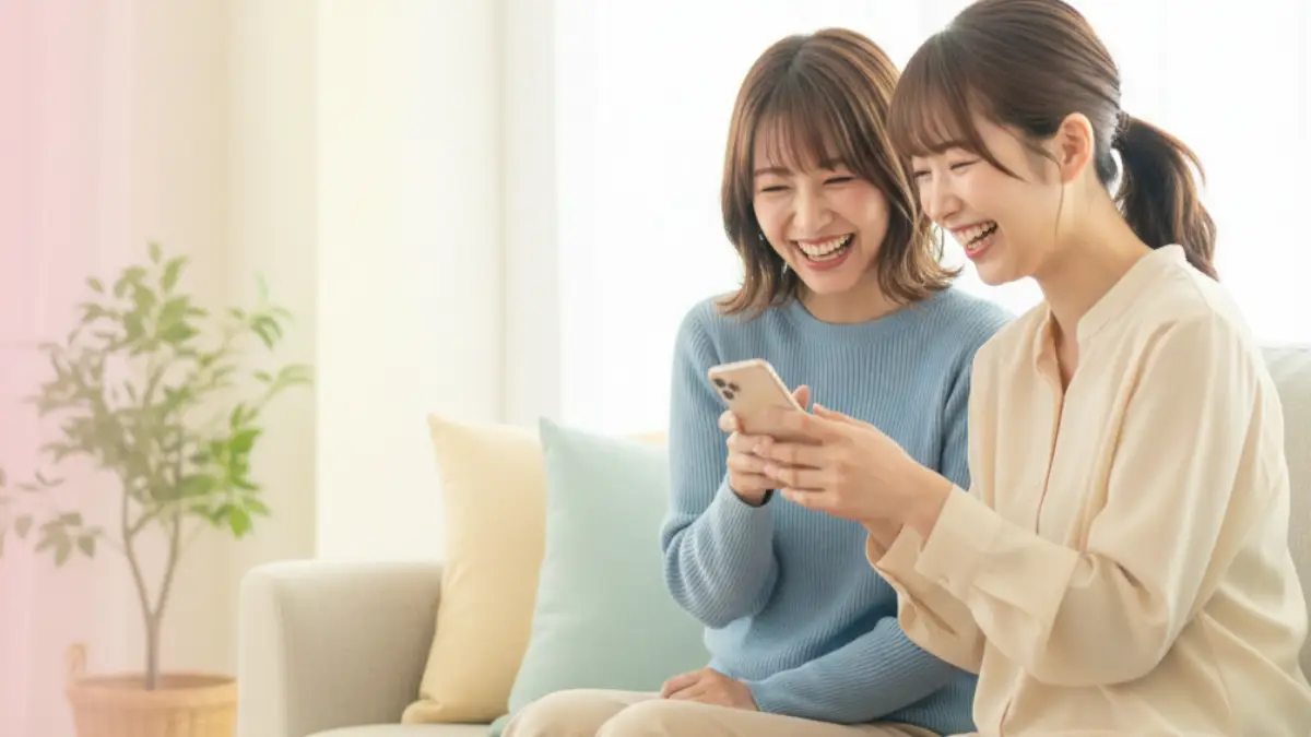 友達と盛り上がる恋愛診断 恋愛心理テストが面白いと感じて友達とスマホを見る20代女性