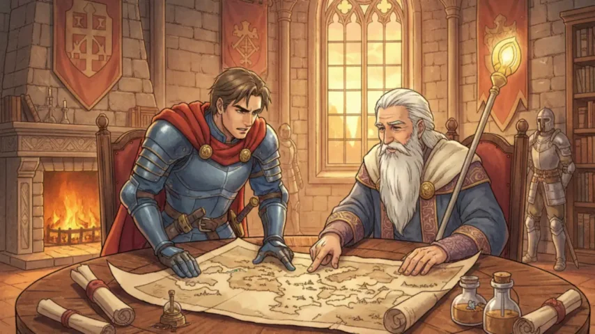 ドラクエ12公式発表をイメージした会議風ファンタジーイラスト