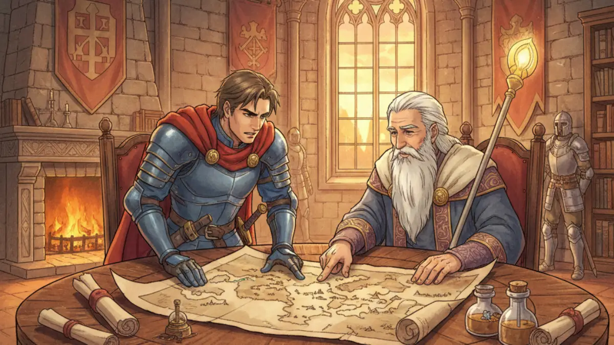 公式発表を考察するファンタジー会議シーン ドラクエ12公式発表をイメージしたファンタジー会議風イラスト