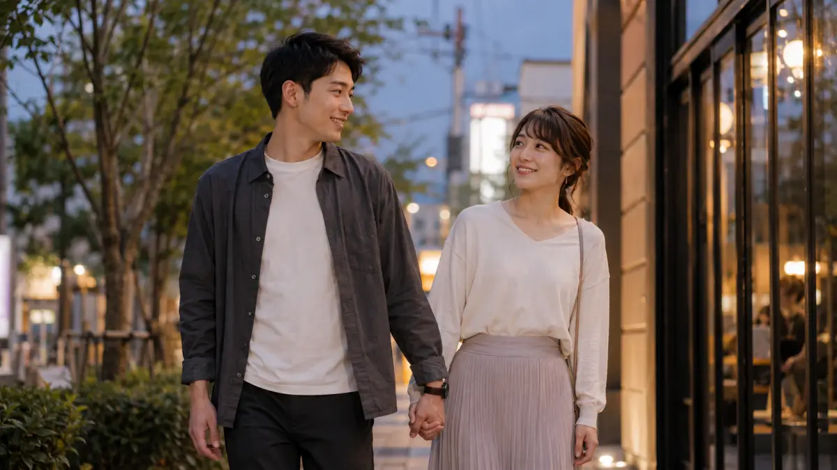 手が小さい男モテない不安を持つ男性と日本人女性が自然に手をつなぐデート風景