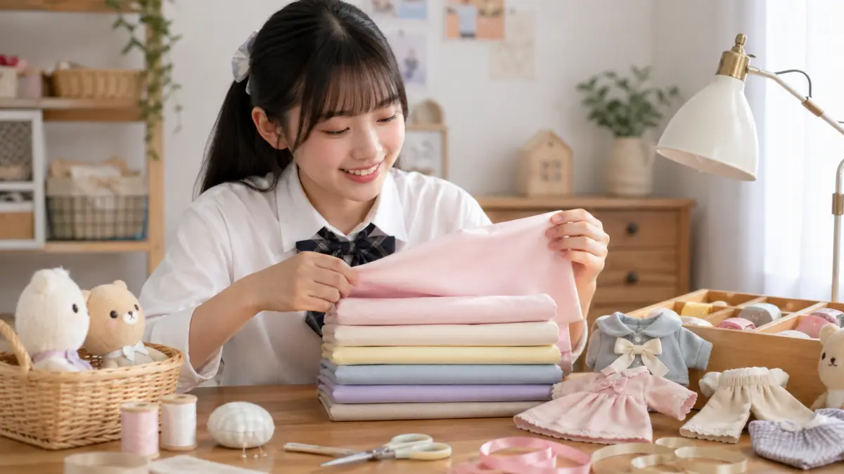ぬい服作り用の薄手コットン生地を手に取る10代女性と手芸道具