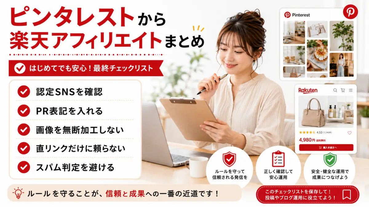 ピンタレストから楽天アフィリエイトの注意点と始め方をまとめたチェックリスト画像