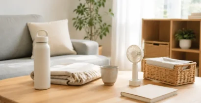 リビングでくつろぐハンディファンとブランケット