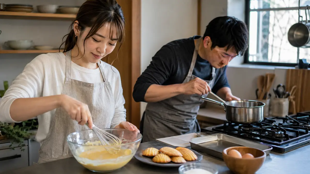 マドレーヌの生地を混ぜる女性とフィナンシェ用の焦がしバターを作る男性