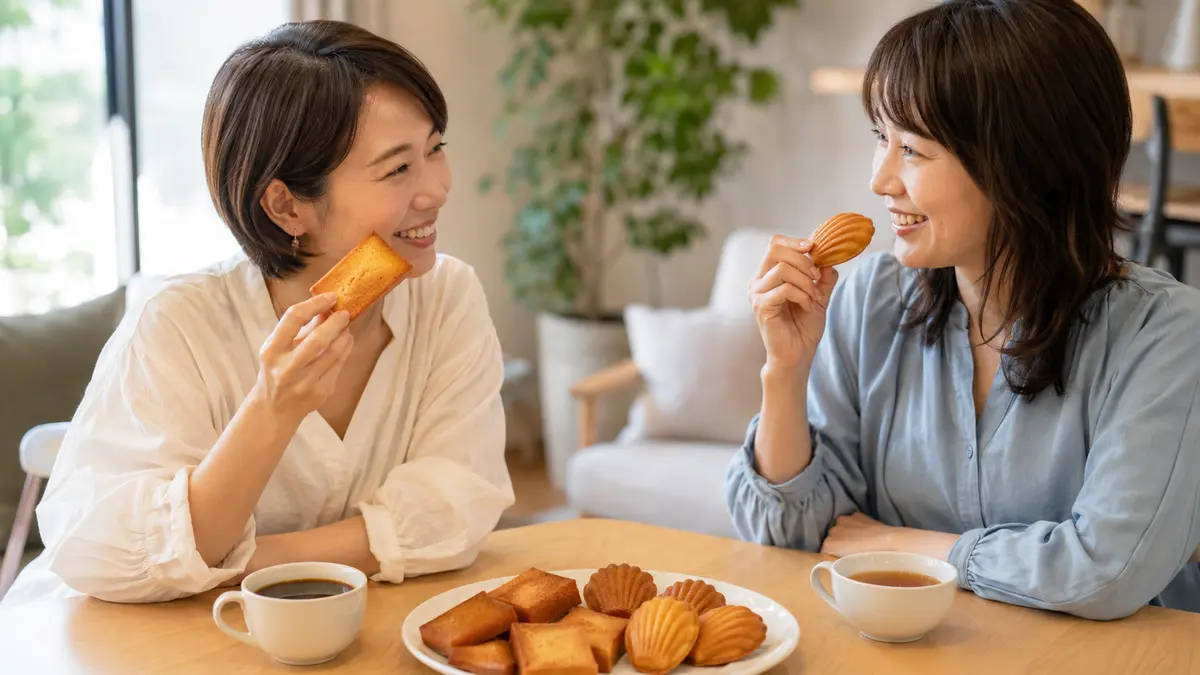 フィナンシェとマドレーヌを食べ比べる日本人女性2人